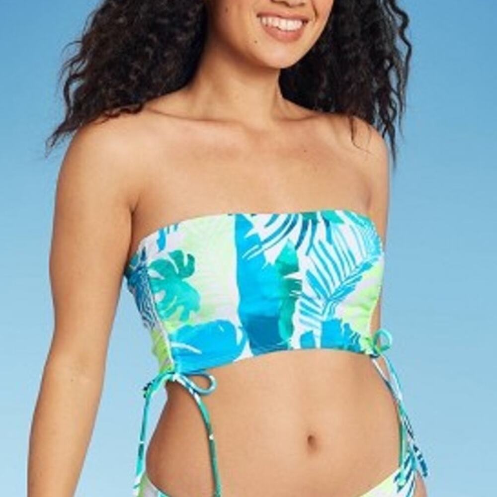 Xhilaration Bikini Top Tropical Juniors' Longline Side-Cinch Bandeau M Swimsuit - Picture 2 of 10